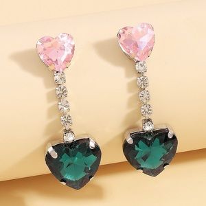 Crystal Double Drop Light Pink & Green Heart Earrings- NWT